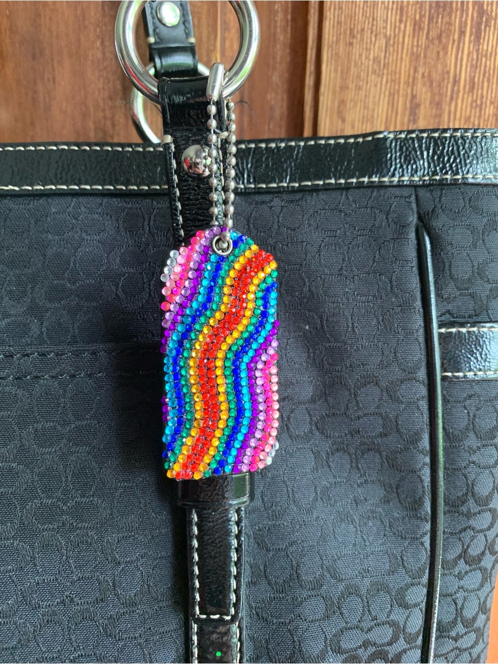 Coach Black Leather Hang Tag Keychain Charm customized with Rainbow Rhinestones - Picture 6 of 8